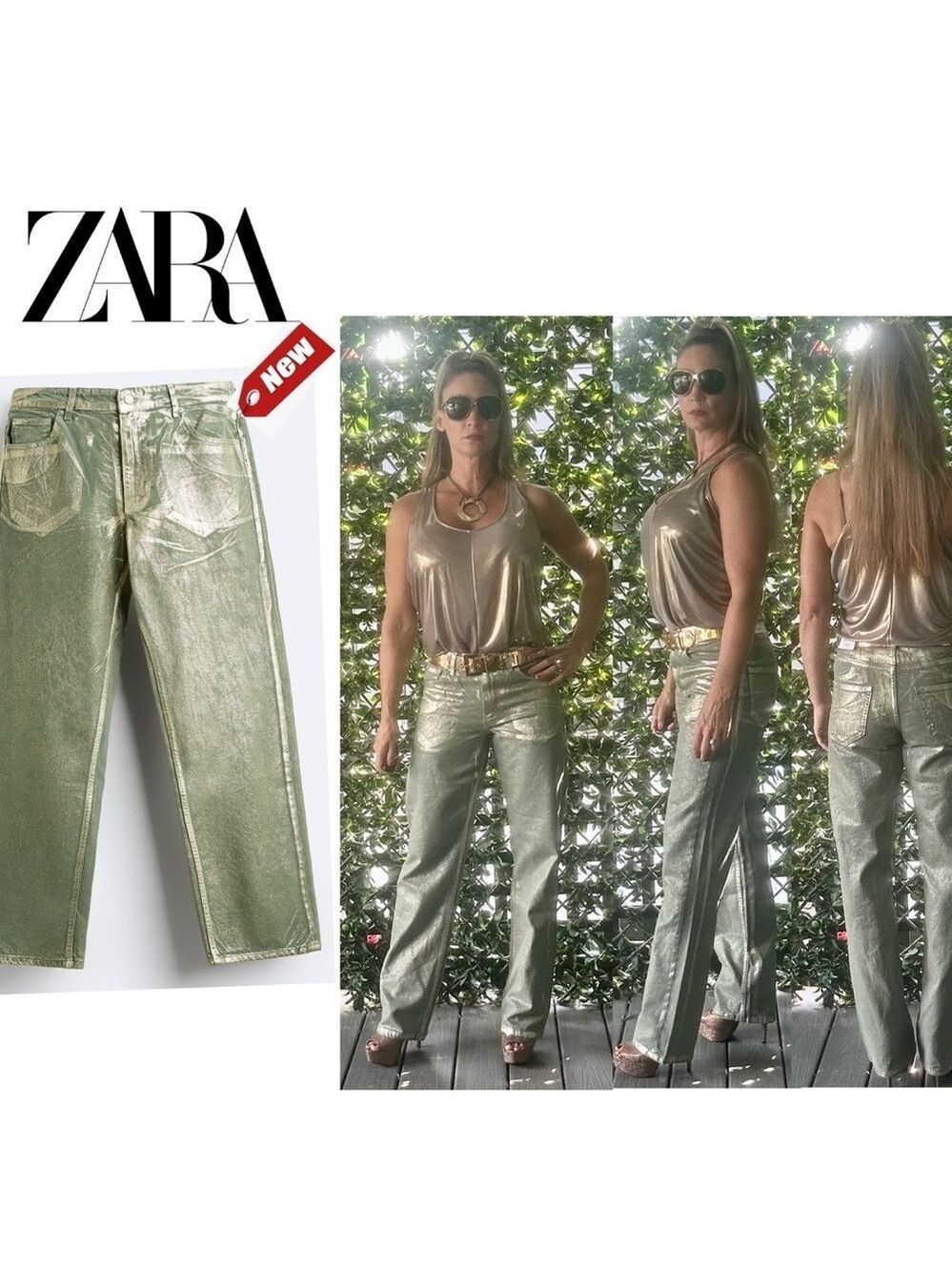 Zara relaxed fit olive army green metallic gold foil denim jeans Sz 29 NWT🔥
